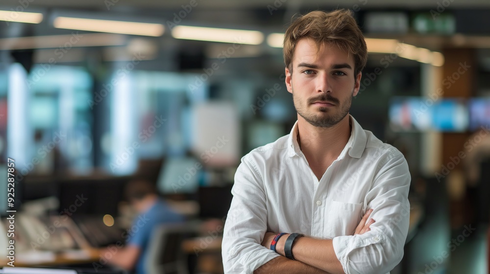 A young man standing confidently in an office environment with arms crossed, displaying determination and readiness for professional challenges. A young man standing confidently in an office environment with arms crossed, displaying determination and readiness for professional challenges.