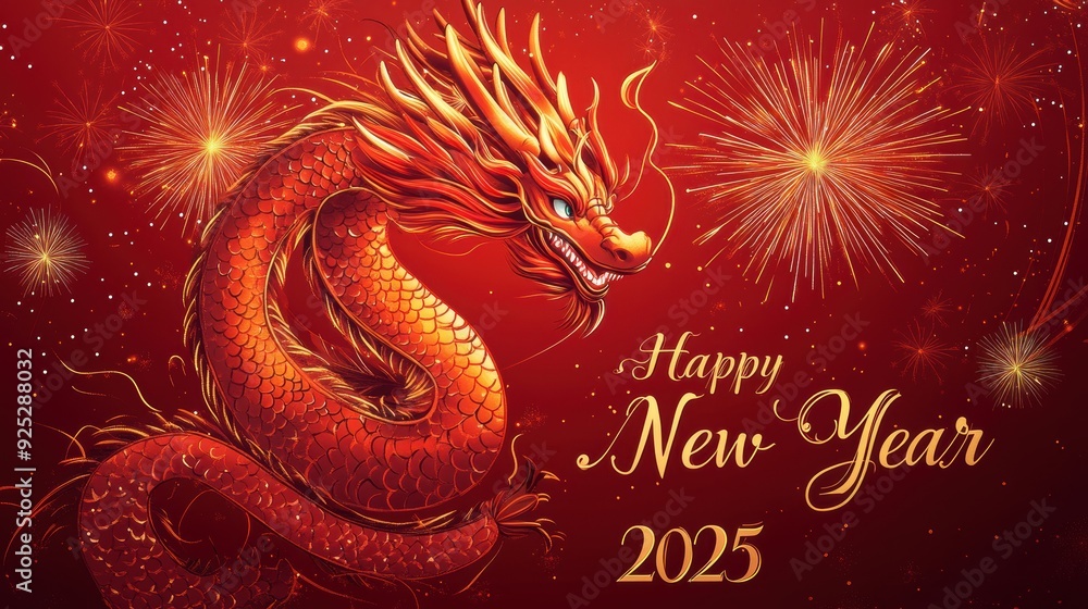 Festive new year 2025 celebration with dynamic dragon and fireworks design Festive new year 2025 celebration with dynamic dragon and fireworks design