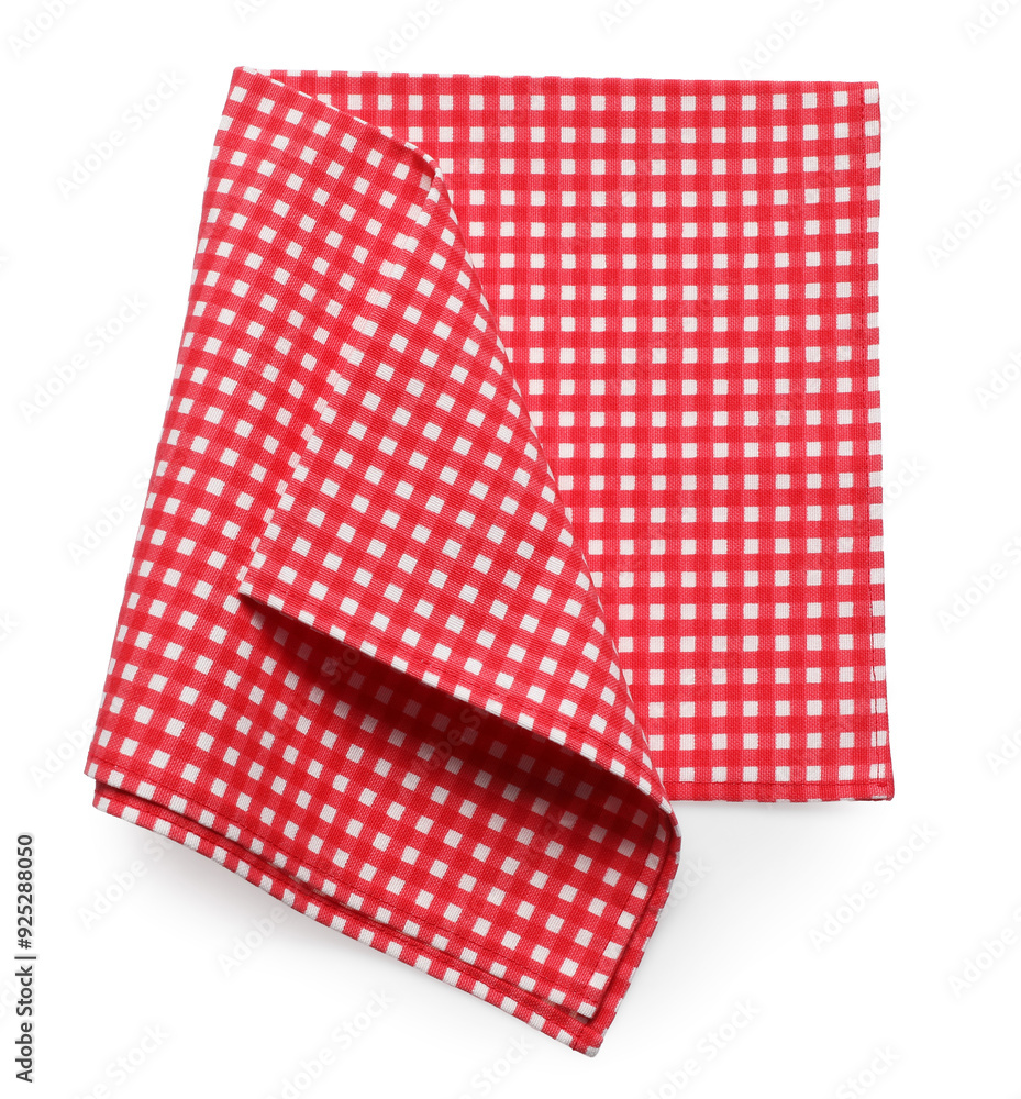 Red checkered picnic tablecloth isolated on white, top view Red checkered picnic tablecloth isolated on white, top view