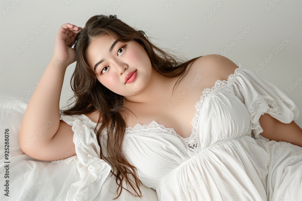 Overweight Asian beauty in white nightgown, smiling. Concept about lifestyle and body positivity Overweight Asian beauty in white nightgown, smiling. Concept about lifestyle and body positivity