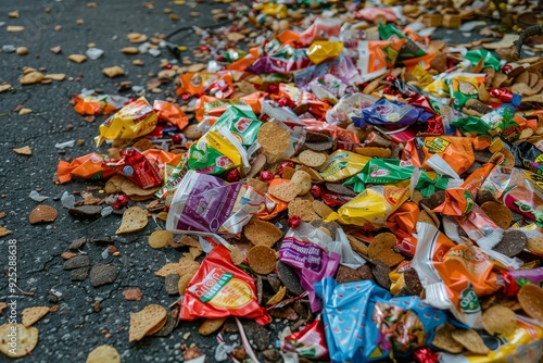 Pile of various chips and candy wrappers on roadside, Piles of colorful candy wrappers and empty chip bags scattered on the ground