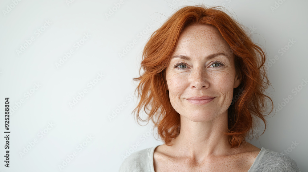 Radiant Redhead Woman with Freckles Smiling Gently on White Background Radiant Redhead Woman with Freckles Smiling Gently on White Background