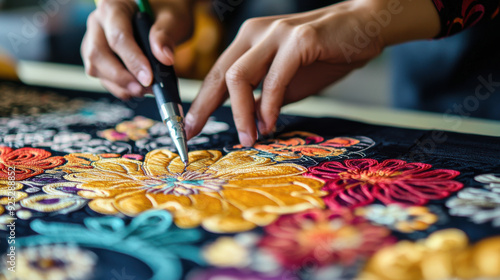 Intricate textile designs being digitized for modern production in a high-tech studio