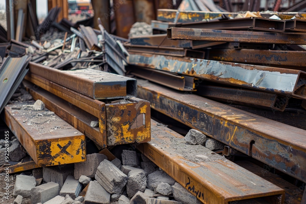 A stack of steel bars placed on top of a pile of rubble, Piles of steel beams and concrete blocks scattered around A stack of steel bars placed on top of a pile of rubble, Piles of steel beams and concrete blocks scattered around