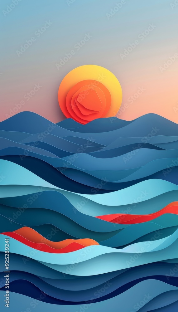 Colorful abstract landscape with layered mountains and sun at sunrise Colorful abstract landscape with layered mountains and sun at sunrise