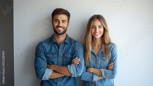 A young couple stands together, smiling and dressed in matching denim, radiating joy and confidence in a modern interior setting