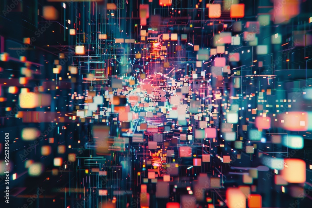 Cubes and lines in an abstract arrangement, showcasing pixelated fragments across the screen, Pixelated fragments scattered across the screen Cubes and lines in an abstract arrangement, showcasing pixelated fragments across the screen, Pixelated fragments scattered across the screen