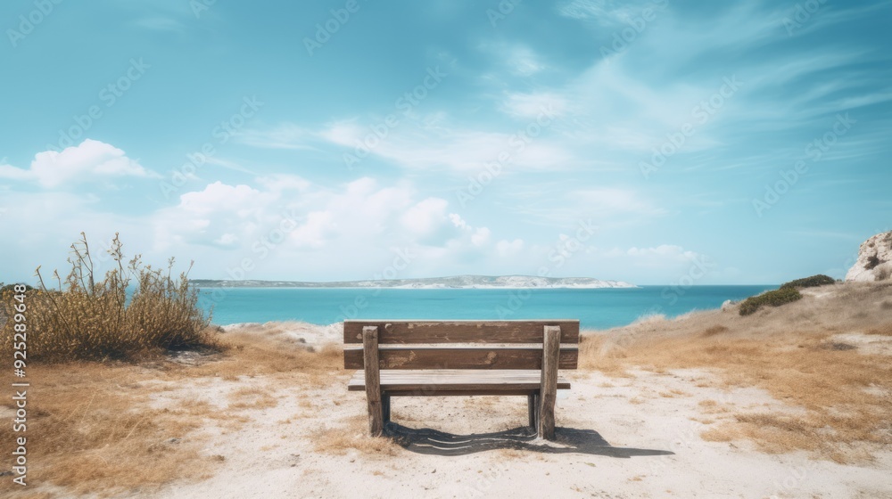 Rustic wooden bench on dry sandy terrain in mountain view. Neural network ai generated art Rustic wooden bench on dry sandy terrain in mountain view. Neural network ai generated art