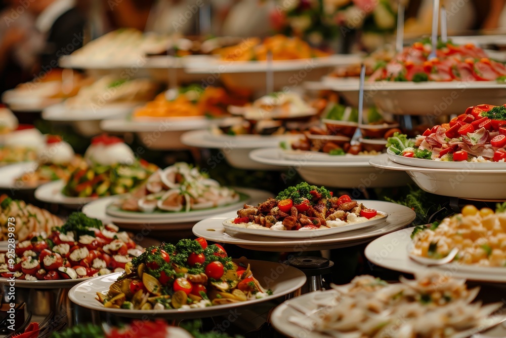 Buffet table showcasing a variety of mouth-watering dishes on numerous plates, Plates piled high with delectable dishes Buffet table showcasing a variety of mouth-watering dishes on numerous plates, Plates piled high with delectable dishes