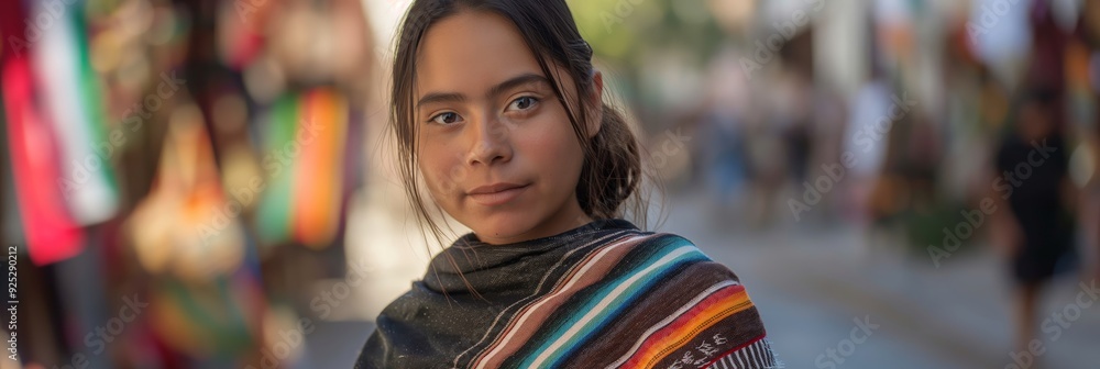 Obraz premium A girl dressed in traditional wrap stands in a bustling street market, capturing the richness of culture and youthful curiosity.