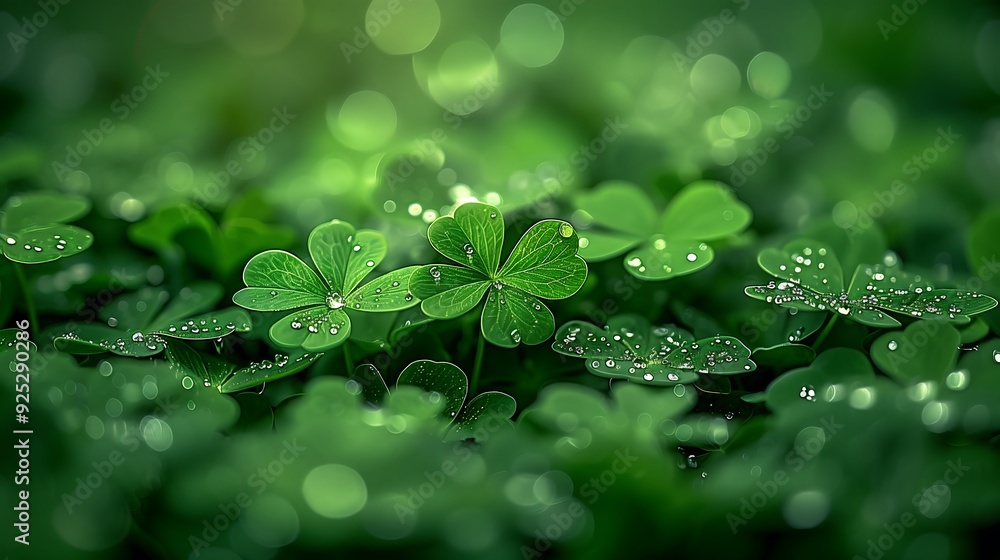 Dew-Kissed Clover Leaves in Lush Green Field, Close-up Dew-Kissed Clover Leaves in Lush Green Field, Close-up
