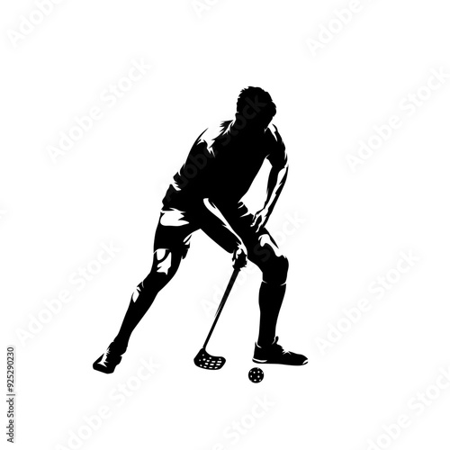 Floorbal player, isolated vector silhouette, ink drawing