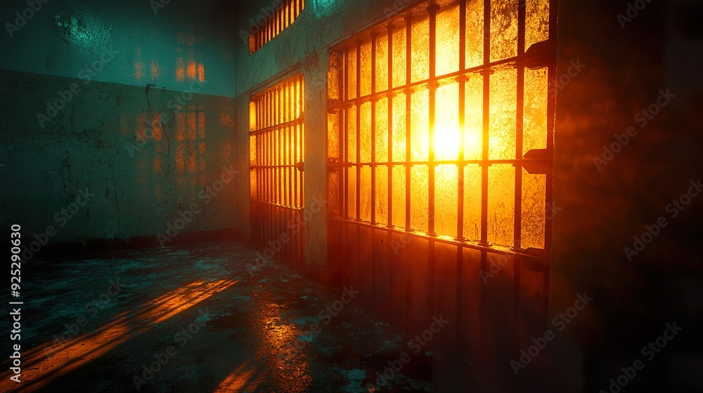 High contrast image of prison bars with sunlight streaming through the gaps High contrast image of prison bars with sunlight streaming through the gaps