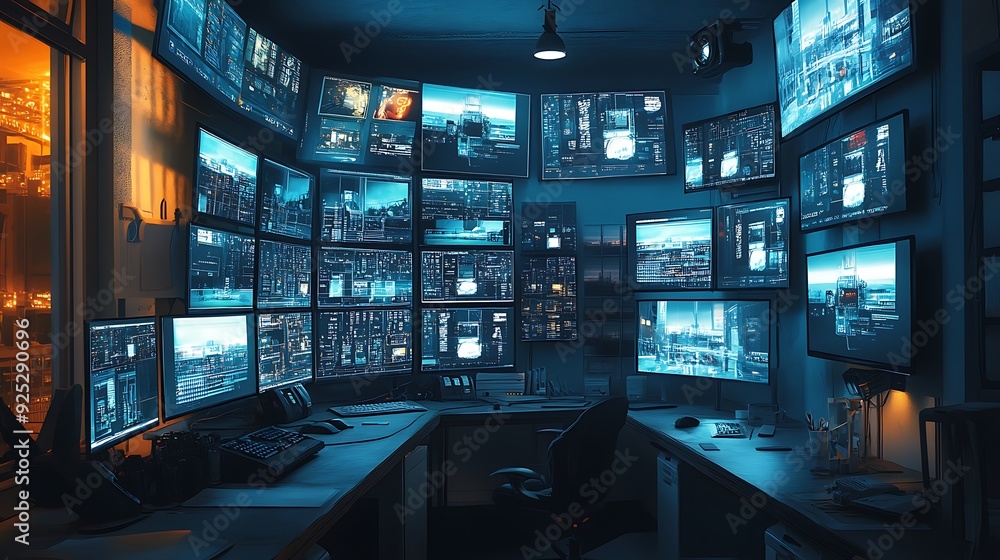 A large room with numerous monitors displaying data, a desk, and a chair in the center, and a window with an orange glow. A large room with numerous monitors displaying data, a desk, and a chair in the center, and a window with an orange glow.