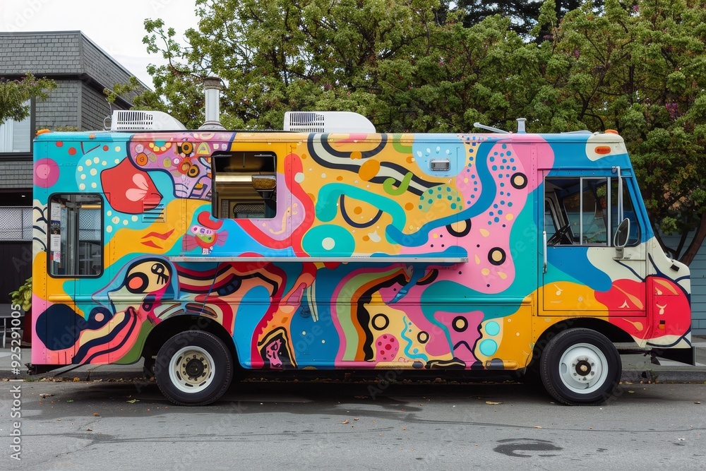 Fototapeta premium A vibrant food truck with playful shapes parked in a busy parking lot, Playful shapes of a whimsical food truck painted with colorful designs