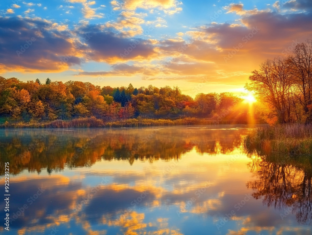 A magnificent autumn sunset over a calm lake. A magnificent autumn sunset over a calm lake.