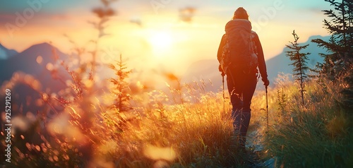 Fototapeta Naklejka Na Ścianę i Meble -  A solitary hiker embraces nature's beauty during a breathtaking sunset on a mountain trail.