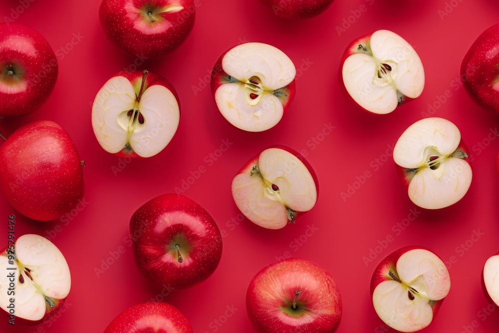 Red apples whole and sliced arranged on a vibrant crimson background. Seamless Pattern. AI generated images. Red apples whole and sliced arranged on a vibrant crimson background. Seamless Pattern. AI generated images.