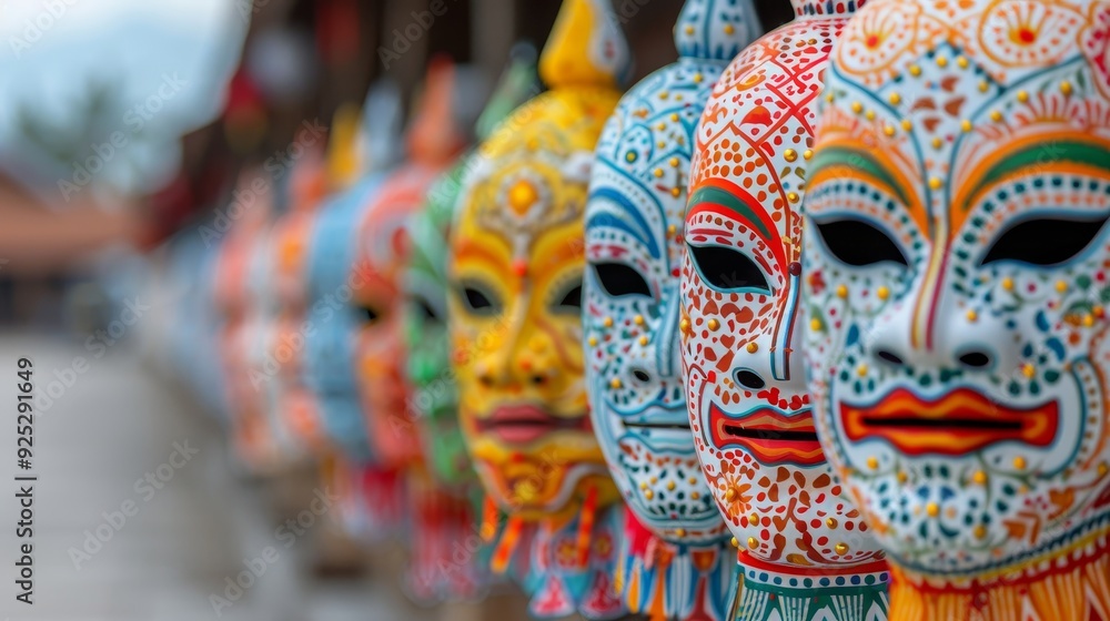 Three masks with red and yellow designs on them Three masks with red and yellow designs on them