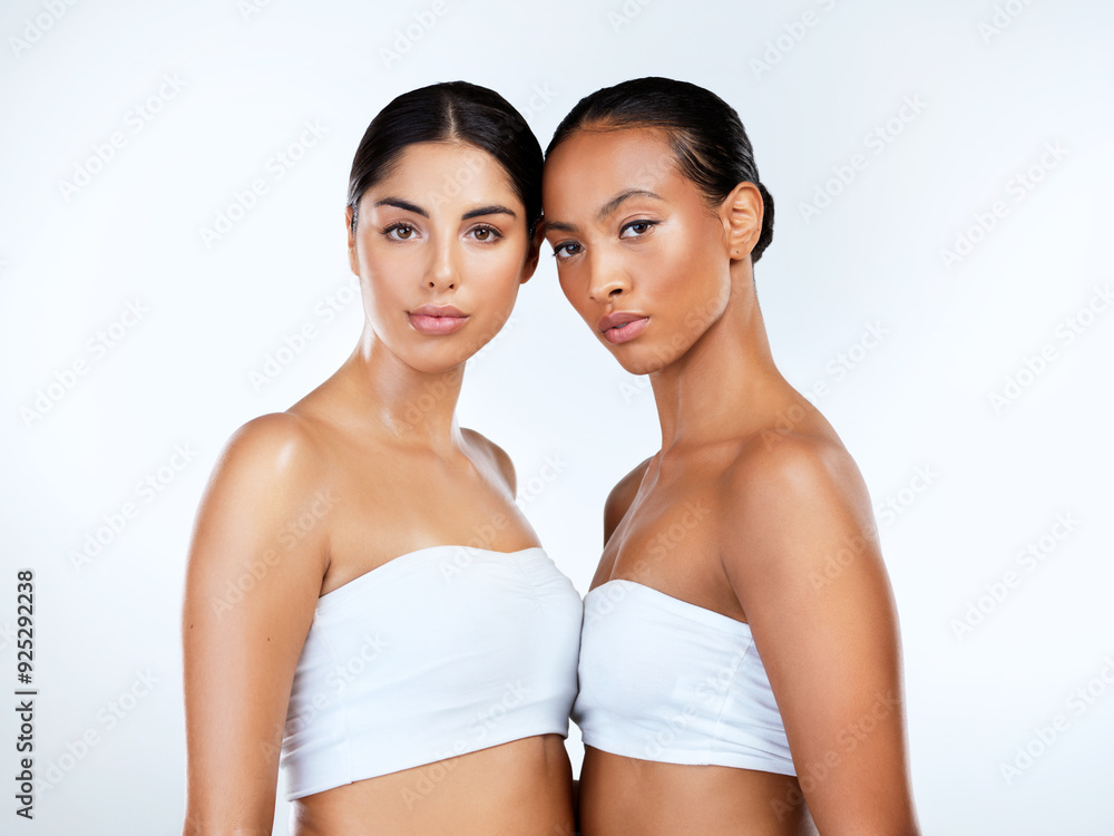 Skincare, beauty and portrait of women in studio with hydration, collagen and facial treatment. Natural, glow and girls with moisturizing dermatology routine for cleansing face by white background. Skincare, beauty and portrait of women in studio with hydration, collagen and facial treatment. Natural, glow and girls with moisturizing dermatology routine for cleansing face by white background.