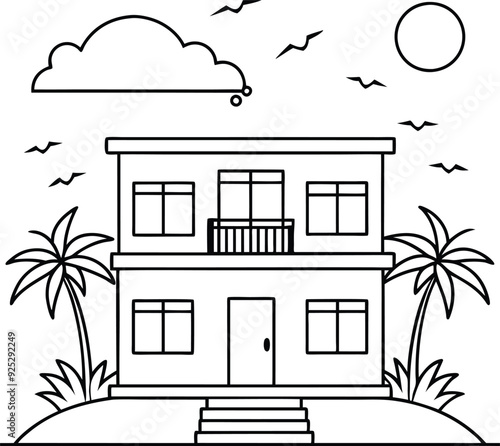 house and tree line art illustration blacka and white photo