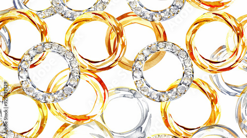 Pattern background featuring interlocking gold and silver rings adorned with diamonds, rendered in a watercolor style. Concept of luxury, jewelry, elegance, and artistic design