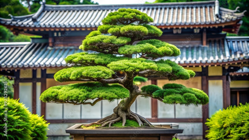 Fototapeta premium A bonsai tree with perfectly shaped branches and a small pagoda