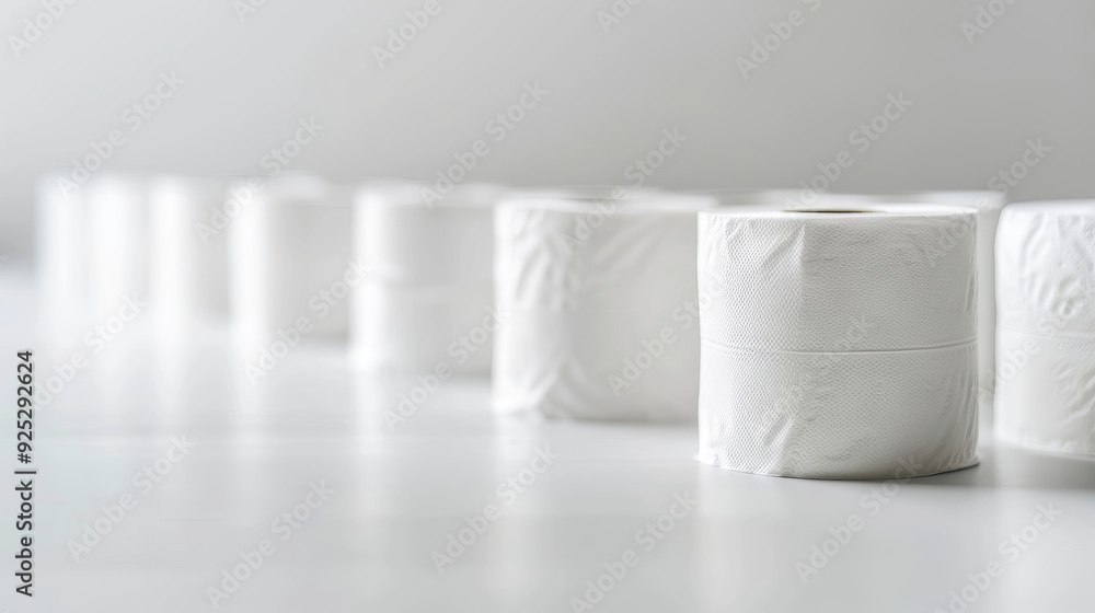 Blurred Row of White Toilet Paper Rolls on a Smooth White Surface. Concept of Hygiene, Bathroom Essentials, Cleanliness, Household Supplies Blurred Row of White Toilet Paper Rolls on a Smooth White Surface. Concept of Hygiene, Bathroom Essentials, Cleanliness, Household Supplies