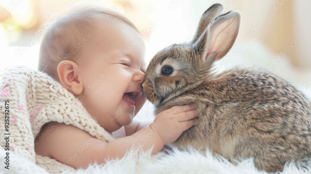 A laughing baby cuddles with a fluffy white bunny, surrounded by soft, cozy blankets. Concept of joy, innocence, childhood, and pet companionship A laughing baby cuddles with a fluffy white bunny, surrounded by soft, cozy blankets. Concept of joy, innocence, childhood, and pet companionship