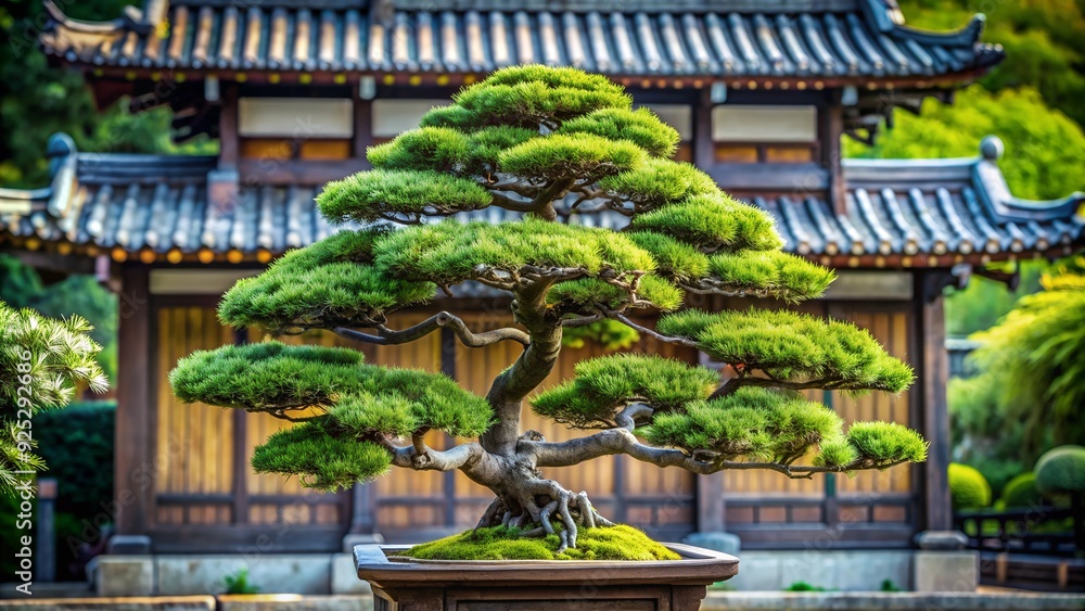 Fototapeta premium A bonsai tree with perfectly shaped branches and a small pagoda
