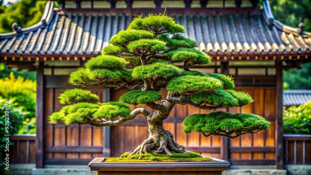 Fototapeta premium A bonsai tree with perfectly shaped branches and a small pagoda