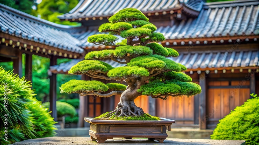 A bonsai tree with perfectly shaped branches and a small pagoda A bonsai tree with perfectly shaped branches and a small pagoda