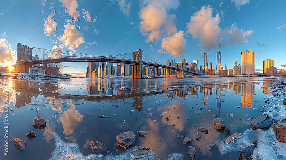 Fototapeta premium This is a view of the Manhattan skyline with the Brooklyn Bridge in the foreground, and a body of water in the middle.