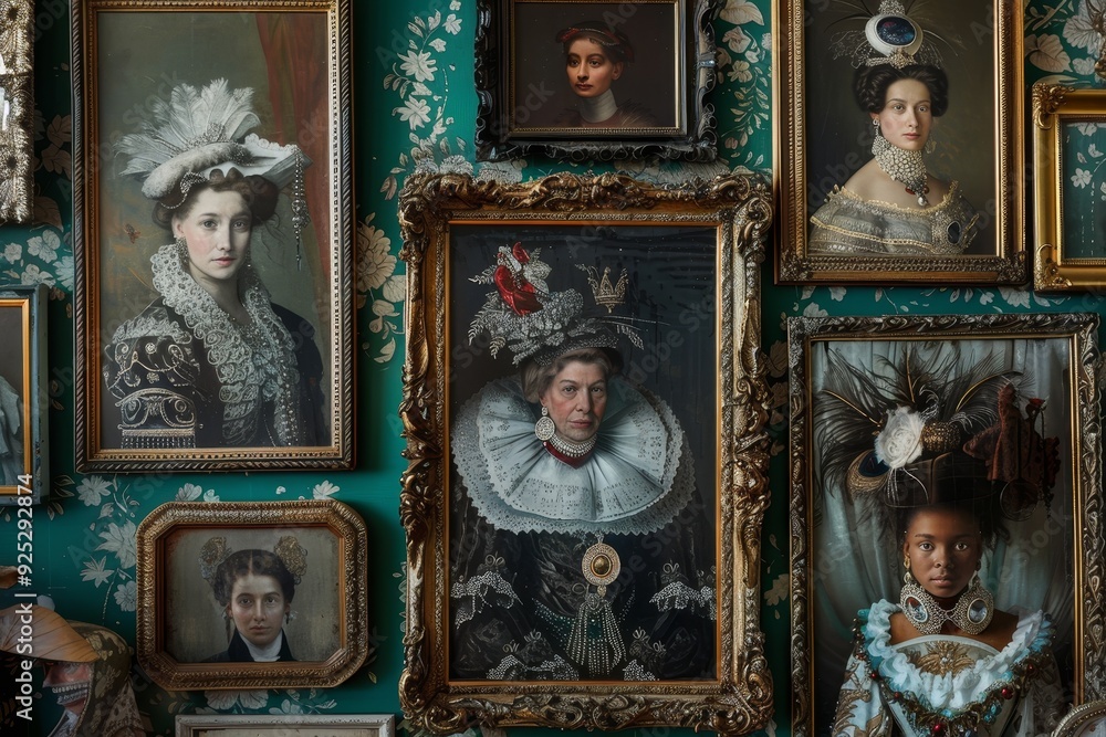 Numerous portraits of esteemed ancestors displayed on a wall with elaborate frames, Portraits of esteemed ancestors in elaborate frames Numerous portraits of esteemed ancestors displayed on a wall with elaborate frames, Portraits of esteemed ancestors in elaborate frames