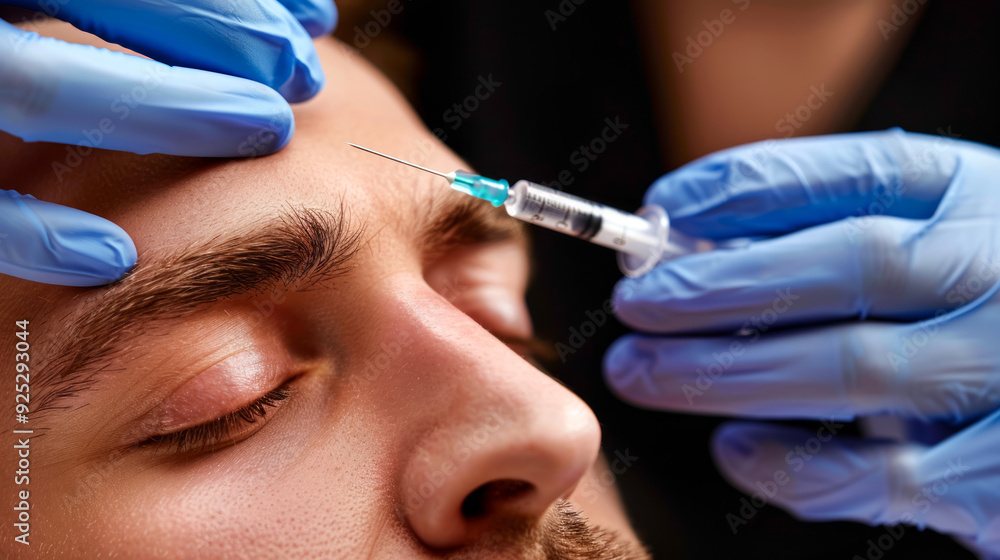 A close-up photo of a man receiving a beauty facial skin injection in his forehead, performed by a professional wearing gloves. Concept of cosmetic treatment, facial aesthetics, anti-aging procedures A close-up photo of a man receiving a beauty facial skin injection in his forehead, performed by a professional wearing gloves. Concept of cosmetic treatment, facial aesthetics, anti-aging procedures