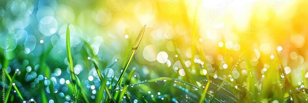 Obraz premium Close-up of fresh green grass with morning dew under the sunrise, depicting a vibrant spring and natural beauty.
