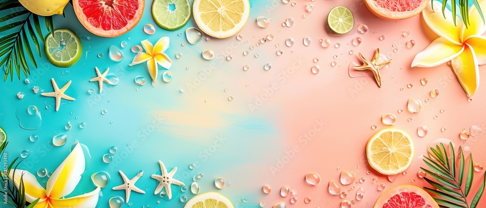 Colorful tropical summer background with sliced citrus fruits, flowers, and palm leaves, perfect for a vibrant seasonal design or vacation theme. Colorful tropical summer background with sliced citrus fruits, flowers, and palm leaves, perfect for a vibrant seasonal design or vacation theme.