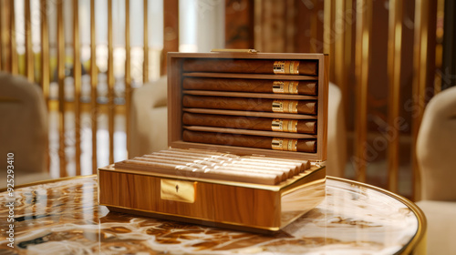 Elegant open wooden cigar box placed on intricate marble table in luxurious setting. Concept of luxury lifestyle, cigars, sophisticated spaces, refined taste, cigar case photo