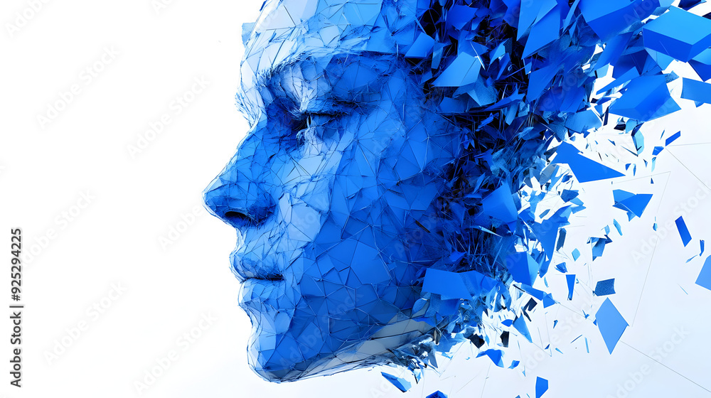 A digital artwork depicting a fragmented blue face, symbolizing creativity and technology. A digital artwork depicting a fragmented blue face, symbolizing creativity and technology.