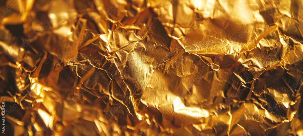 Close-up of crumpled gold foil with bright reflections. Concept of luxury, wealth, shiny texture, metallic background. Banner. Copy space Close-up of crumpled gold foil with bright reflections. Concept of luxury, wealth, shiny texture, metallic background. Banner. Copy space