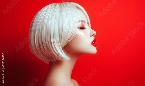 Profile of Stylish Woman with Blonde Bob, Bold Red Background