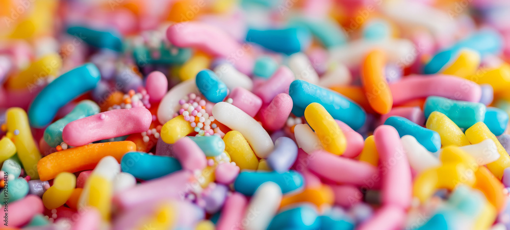Close-up of colorful sugary sprinkles on a surface. Concept of dessert decoration, sweet treats, confectionary details, and baking supplies. Background, banner. Copy space Close-up of colorful sugary sprinkles on a surface. Concept of dessert decoration, sweet treats, confectionary details, and baking supplies. Background, banner. Copy space