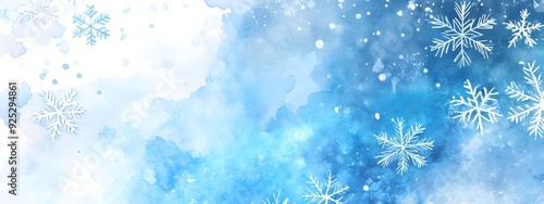Abstract blue watercolor background with snowflakes and glitter, a Christmas wallpaper design with copy space for text. 