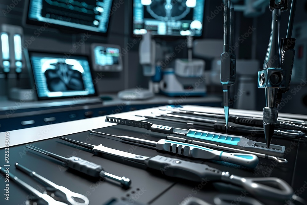 A collection of precision surgical tools neatly organized on a table for use by a surgeon, Precision surgical tools controlled by a surgeon using a computer interface in the operating room A collection of precision surgical tools neatly organized on a table for use by a surgeon, Precision surgical tools controlled by a surgeon using a computer interface in the operating room