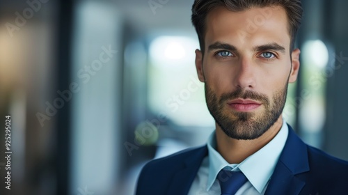 A man in a navy blue suit poses indoors with a serious expression on his face, exuding professionalism and confidence.