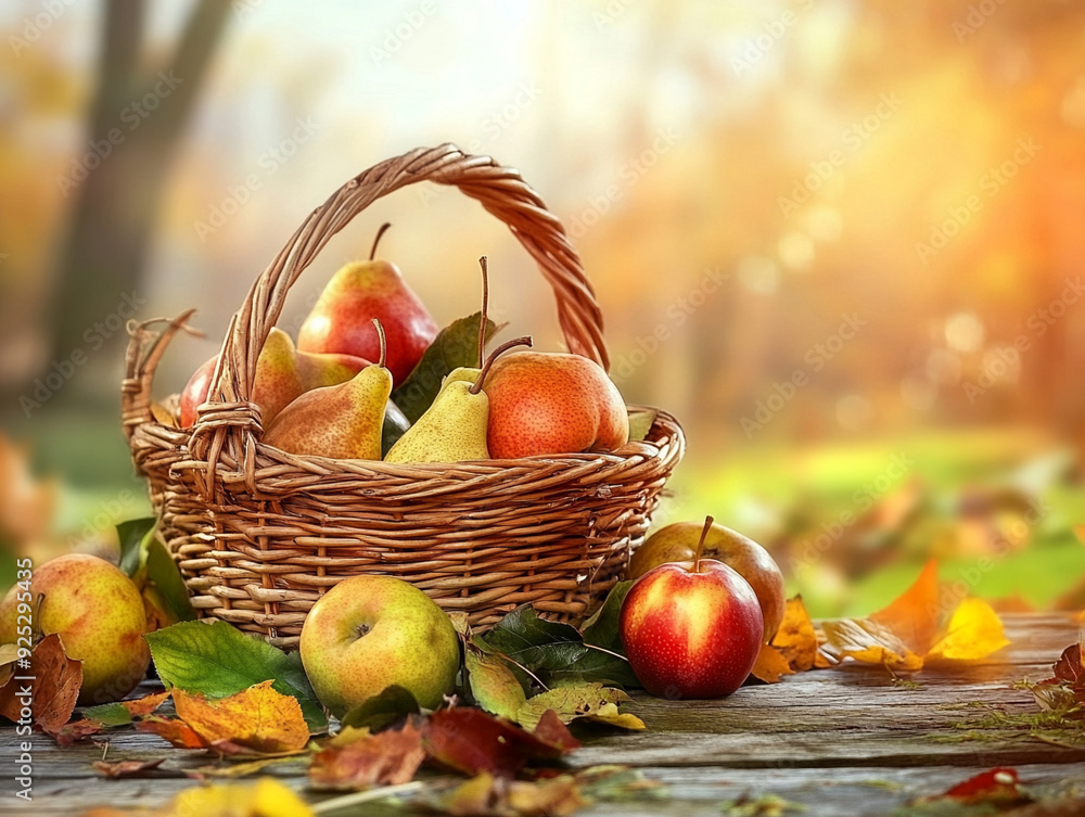 Autumn harvest: basket of fresh pears and apples, September. Autumn harvest: basket of fresh pears and apples, September.