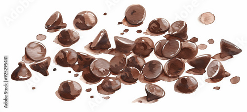 Watercolor illustration of scattered chocolate chips on a white background. Concept of dessert ingredients, baking, and sweet treats