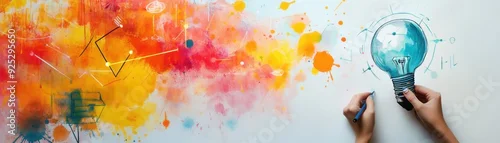 Panel kuchenny z motywem A vibrant, colorful mural combines abstract paint splashes with a hand sketching a lightbulb, symbolizing creativity and inspiration