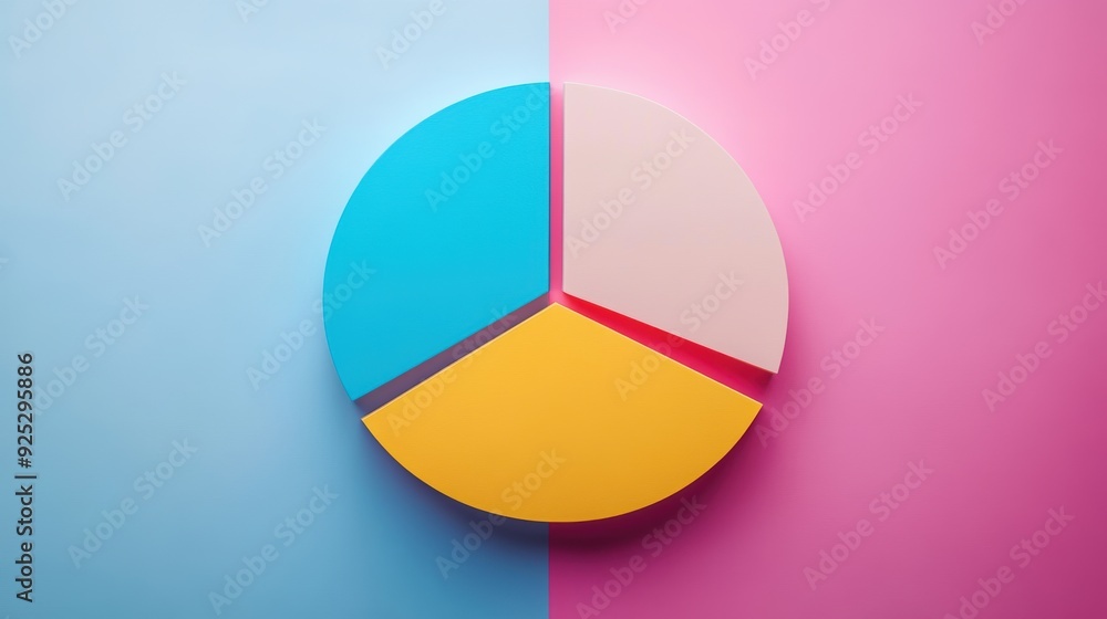 A vibrant, stylized pie chart with three segments in blue, yellow, and pink, set against a dual-colored background, representing data visualization and design A vibrant, stylized pie chart with three segments in blue, yellow, and pink, set against a dual-colored background, representing data visualization and design
