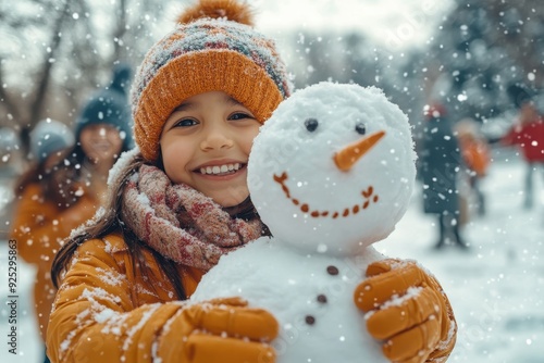 Joyful winter day in snowy park with families from diverse backgrounds
